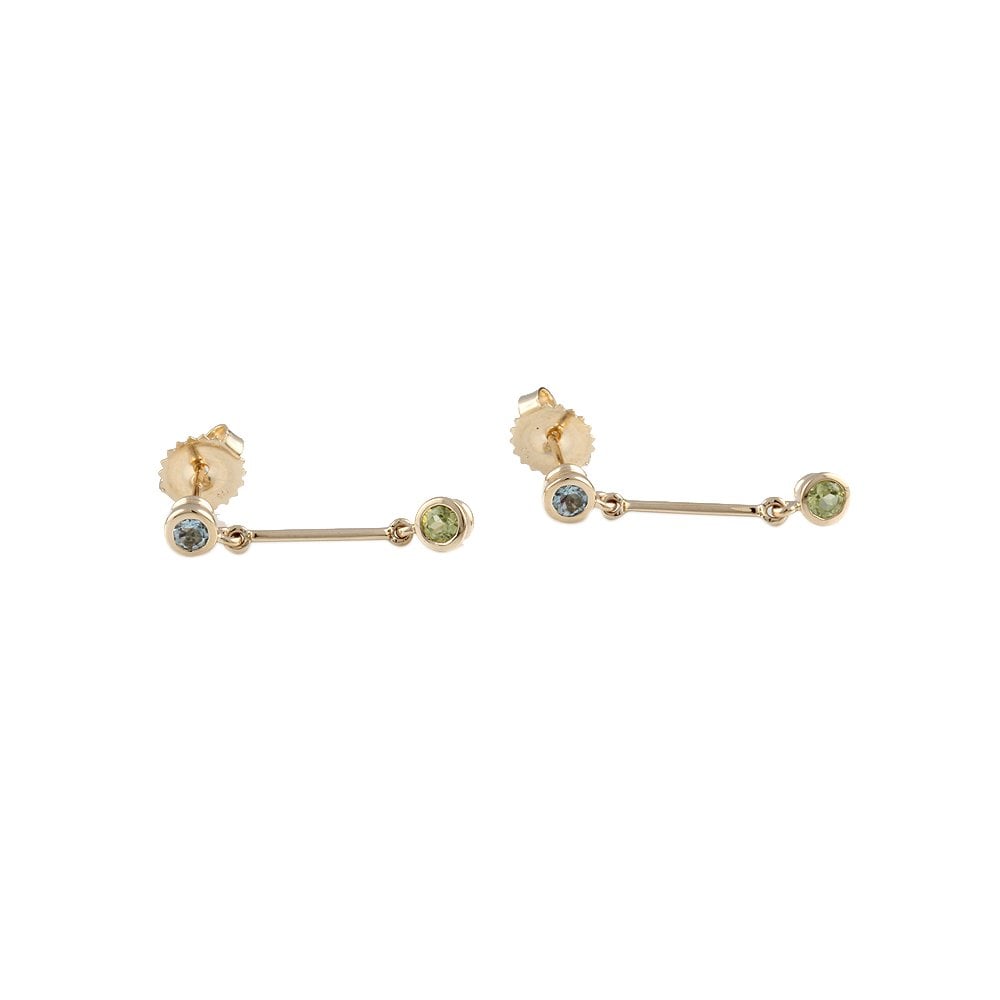 Yellow Gold 0.27ct Round Peridot and 0.18ct Round Aquamarine Two Stone Bar Style Drop Earrings