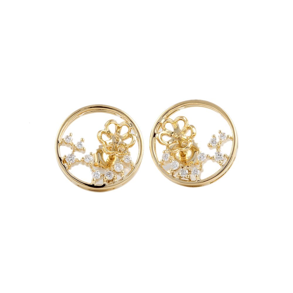 Yellow Gold 0.32ct Round Brilliant Cut Diamond Open Circle Flower Style Dress Earrings