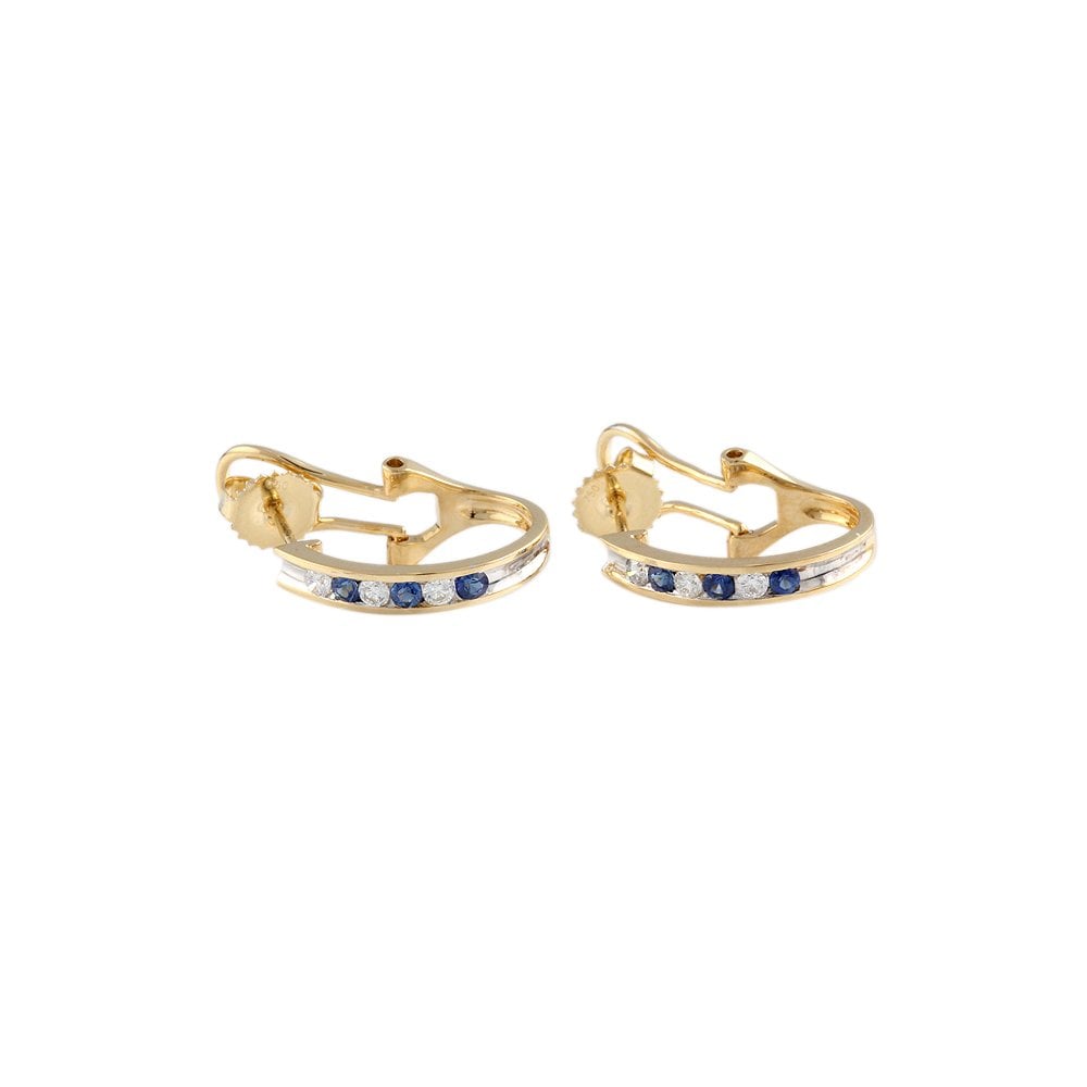 Yellow Gold 0.27ct Round Brilliant Cut Diamond and 0.32ct Round Blue Sapphire Half Hoop Earrings