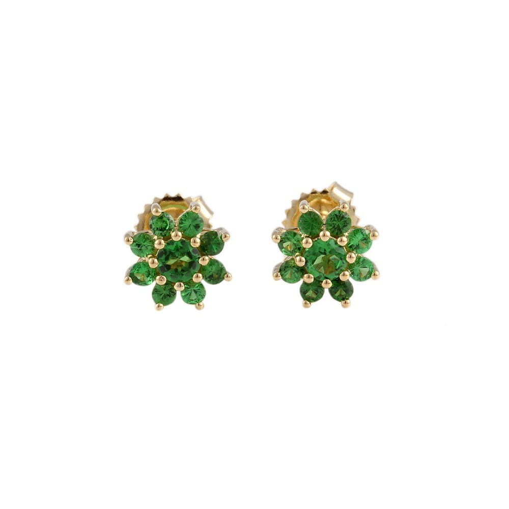 Yellow Gold 1.19ct Round Tsavorite Cluster Earrings