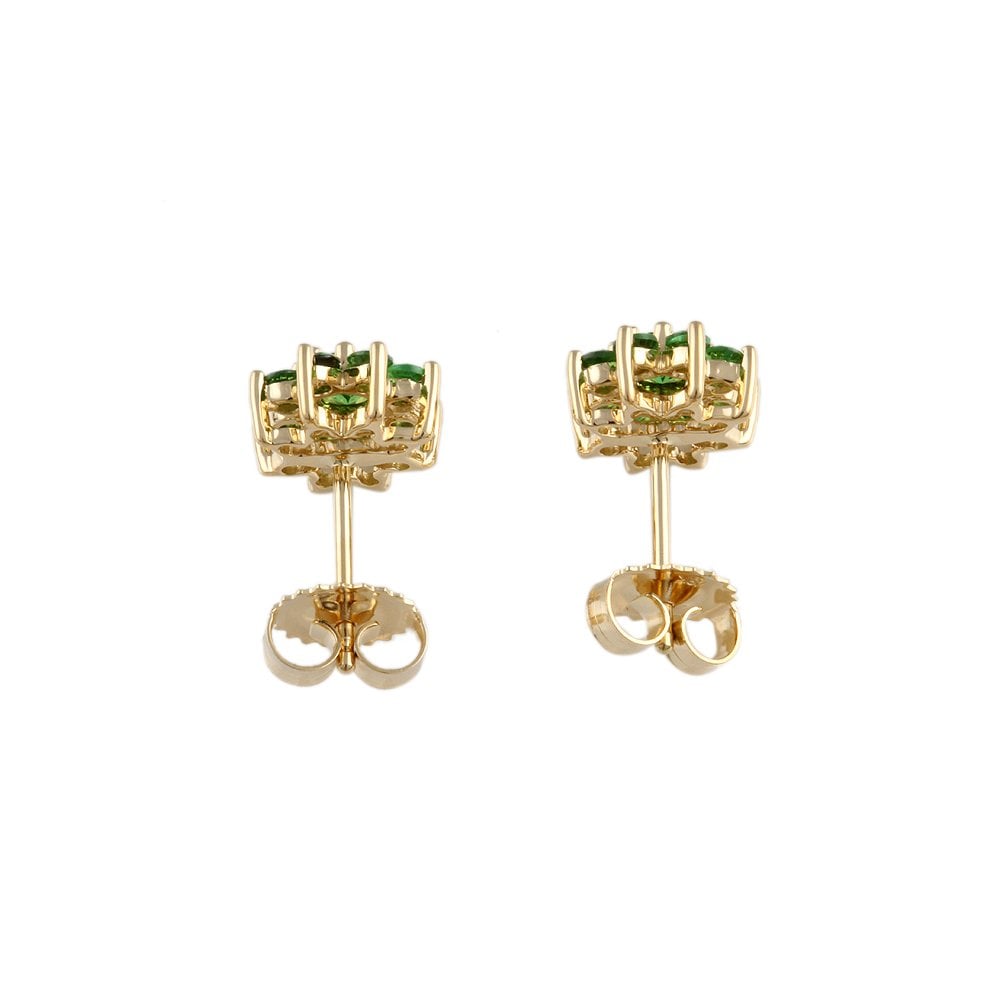 Yellow Gold 1.19ct Round Tsavorite Cluster Earrings