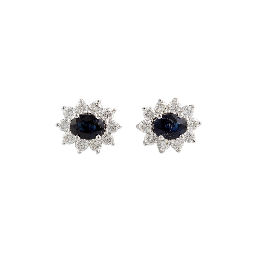White Gold 1.47ct Round Brilliant Cut Diamond and 2.33ct Oval Blue Sapphire Cluster Earrings