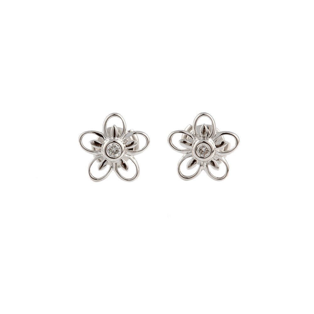 White Gold  Round Brilliant Cut Diamond Flower Shaped Stud Earrings Total weight 0.10ct