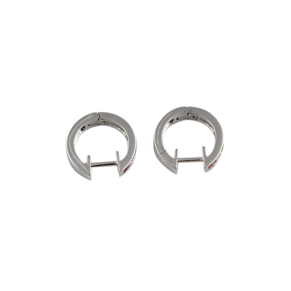 White Gold 0.13ct Round Brilliant Cut Diamond and 0.17ct Round Ruby and 0.10ct Round Emerald Hoop Earrings