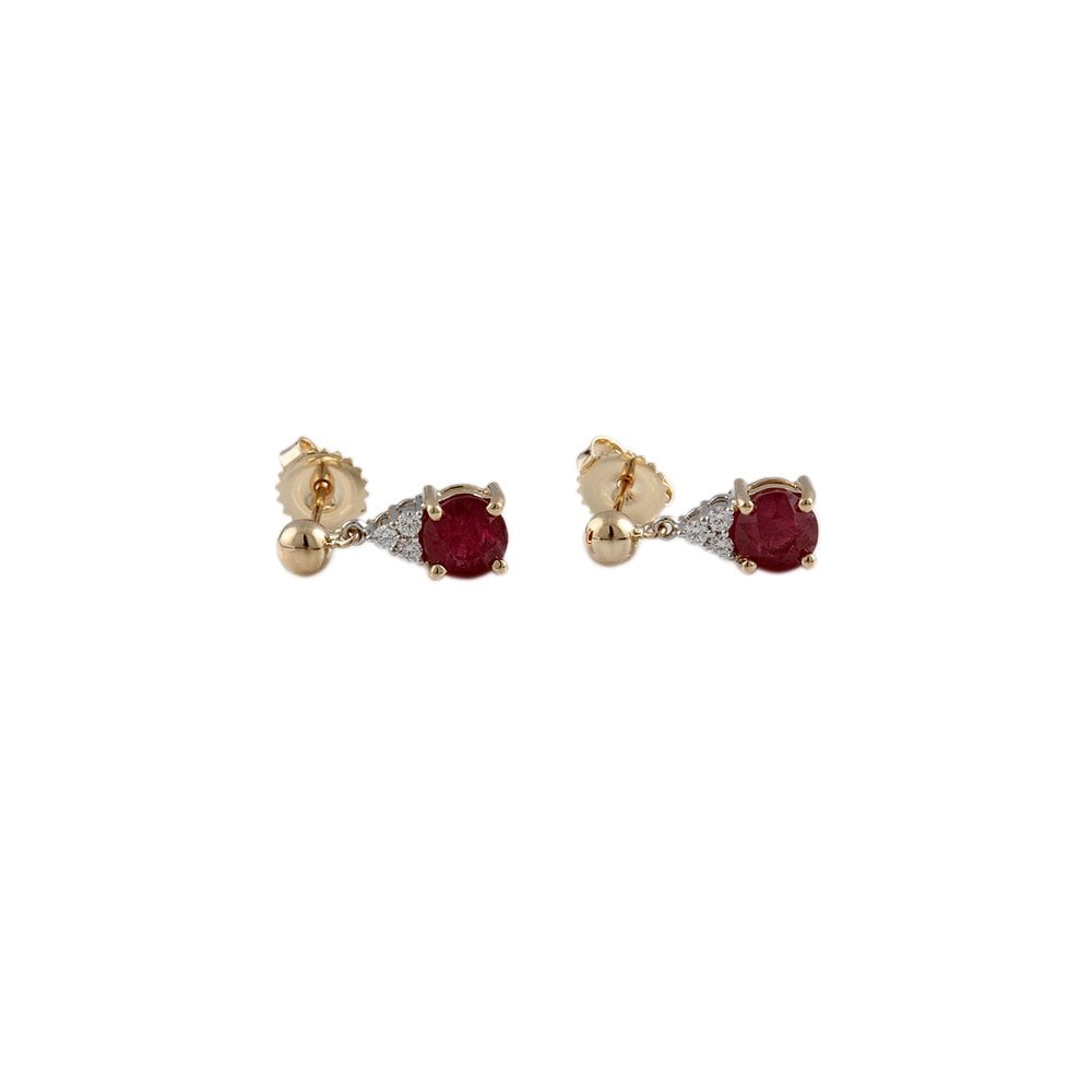 Yellow White Gold 0.14ct Round Brilliant Cut Diamond and 2.98ct Round Ruby Drop Earrings