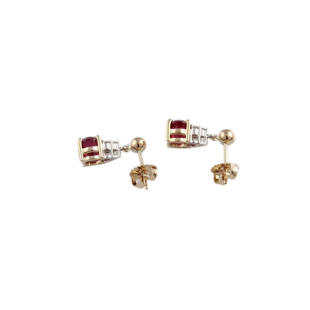 Yellow White Gold 0.14ct Round Brilliant Cut Diamond and 2.98ct Round Ruby Drop Earrings
