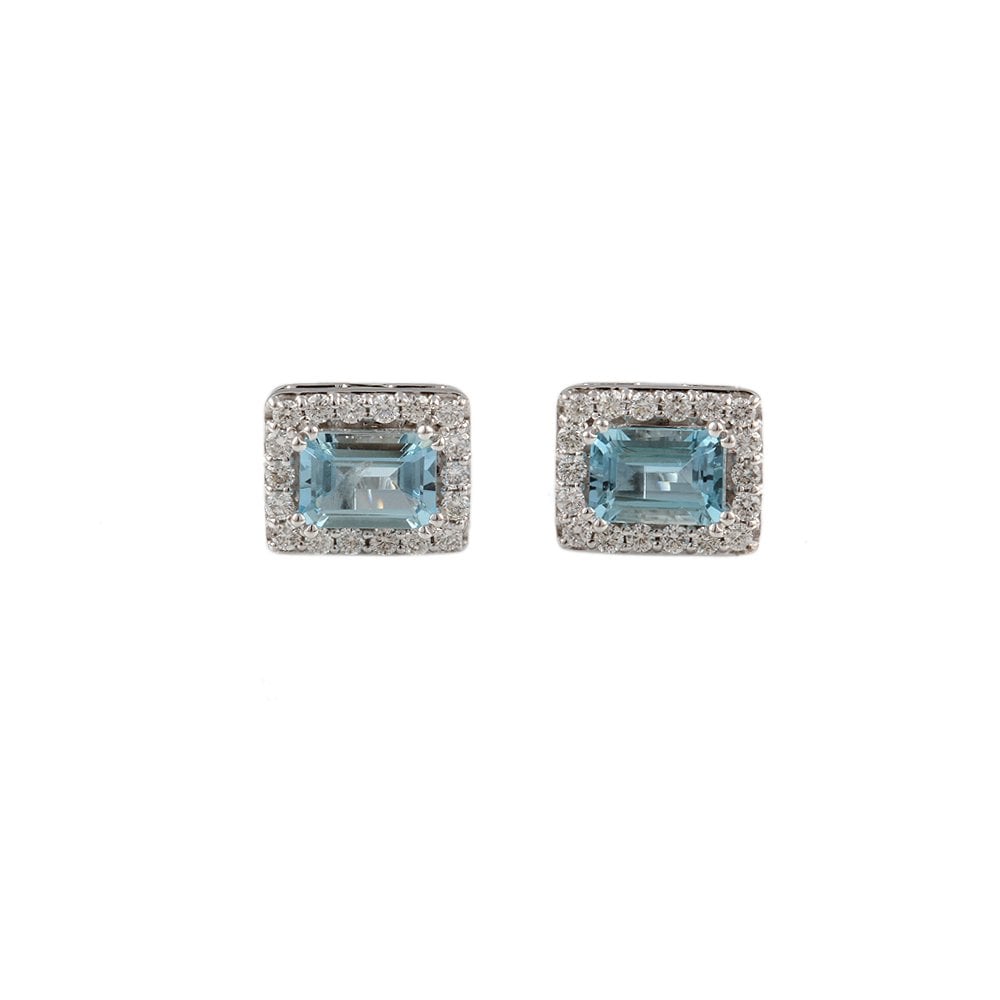 White Gold 0.52ct Round Brilliant Cut Diamond and 1.73ct Emerald Shaped Aquamarine Cluster Earrings