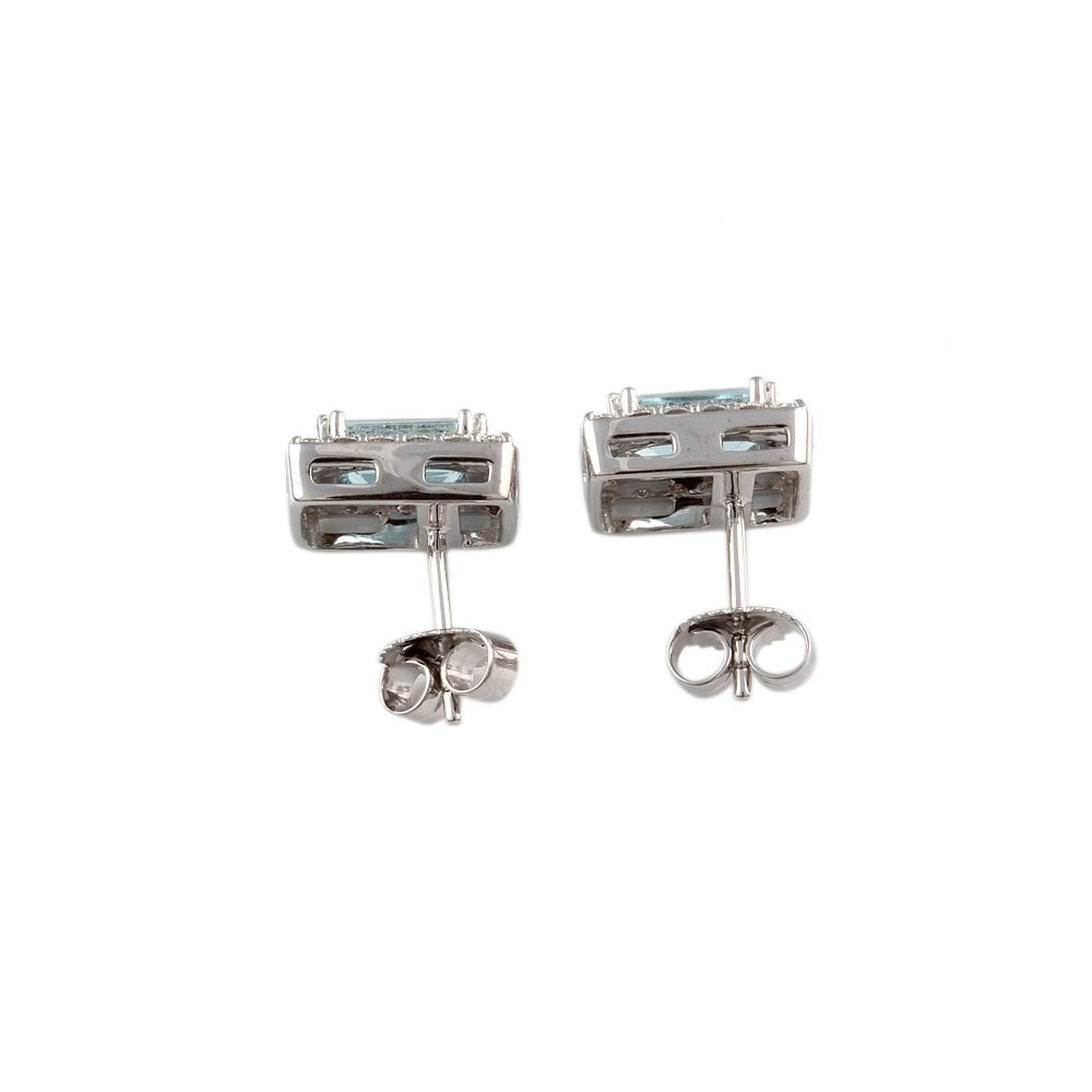 White Gold 0.52ct Round Brilliant Cut Diamond and 1.73ct Emerald Shaped Aquamarine Cluster Earrings