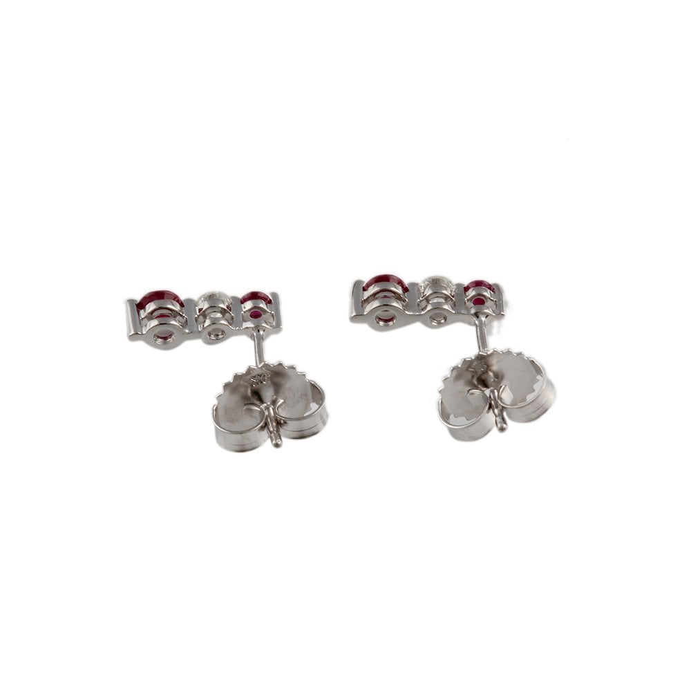 White Gold 0.12ct Round Brilliant Cut Diamond and 0.37ct Round Ruby Three Stone Drop Earrings