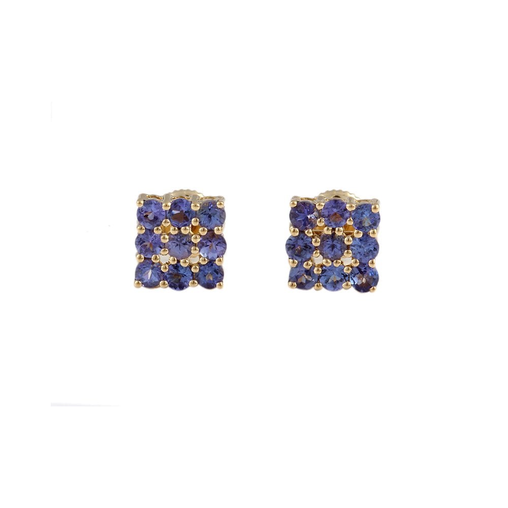 Yellow Gold 1.64ct Round Brilliant Cut Tanzanite Cluster Earrings