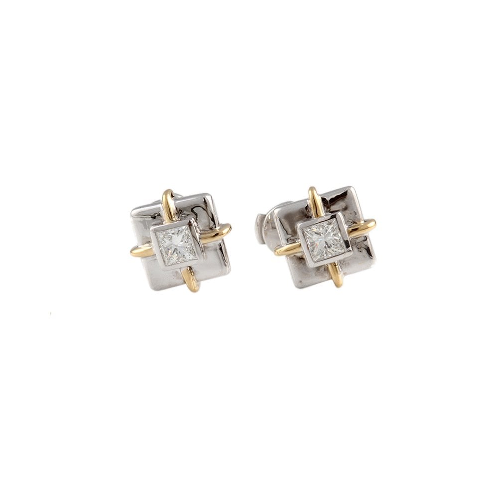 Yellow White Gold 0.52ct Princess Cut Diamond Solitaire Earrings