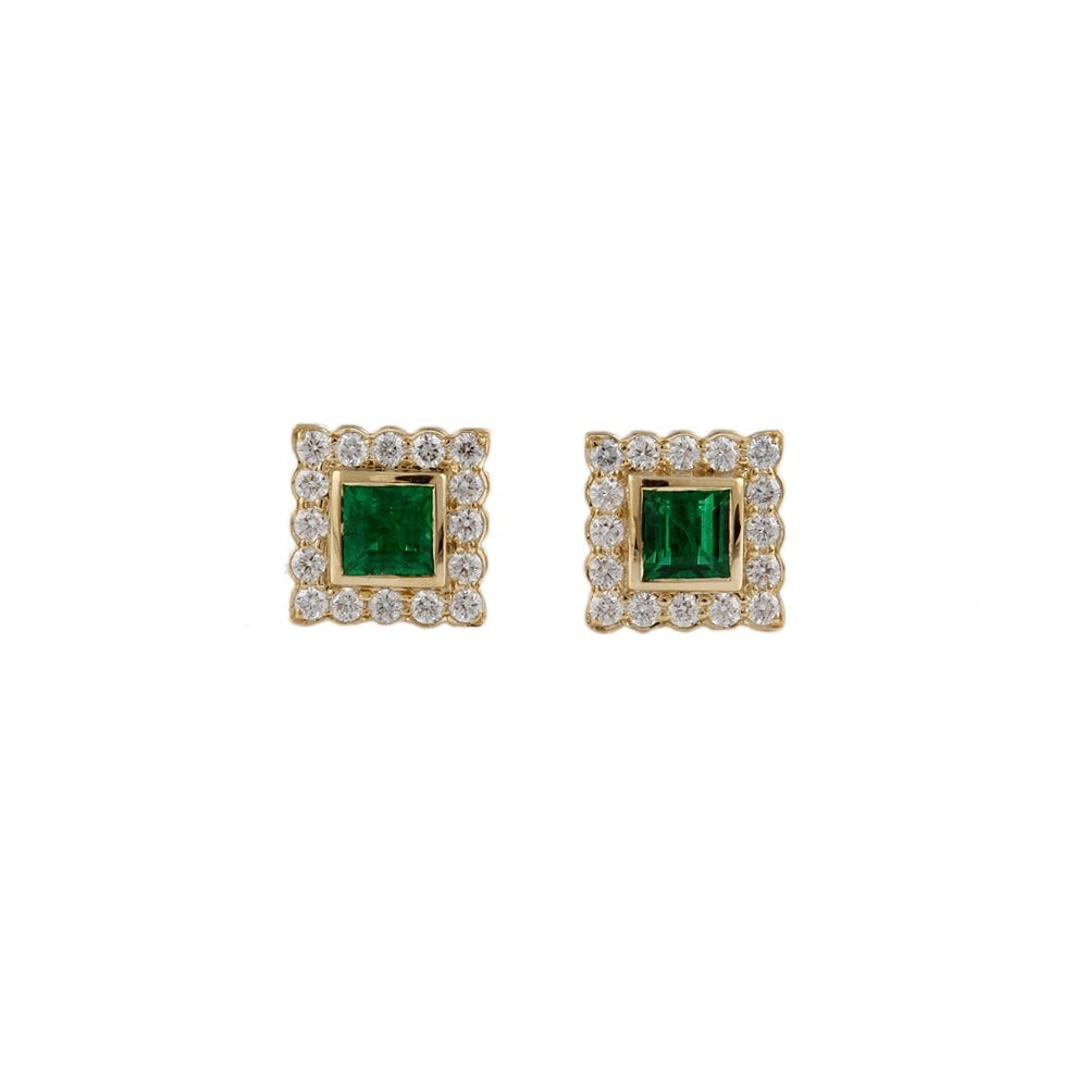 Yellow Gold 0.55ct Round Brilliant Cut Diamond and 0.90ct Square Emerald Cluster Earrings