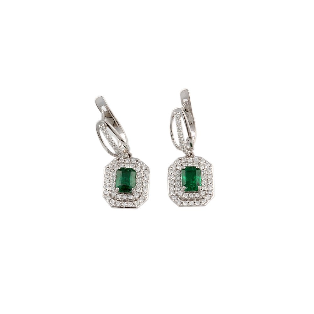 White Gold 1.17ct Round Brilliant Cut Diamond and 1.84ct Emerald Shaped Emerald Cluster Style Drop Earrings