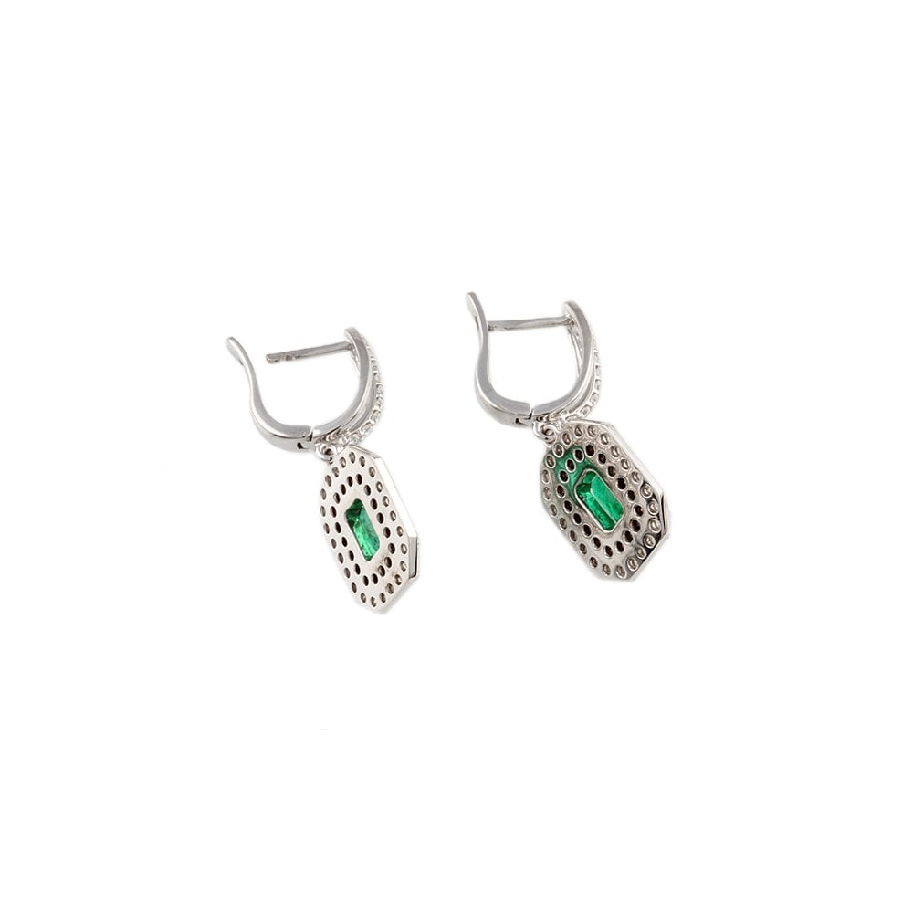 White Gold 1.17ct Round Brilliant Cut Diamond and 1.84ct Emerald Shaped Emerald Cluster Style Drop Earrings