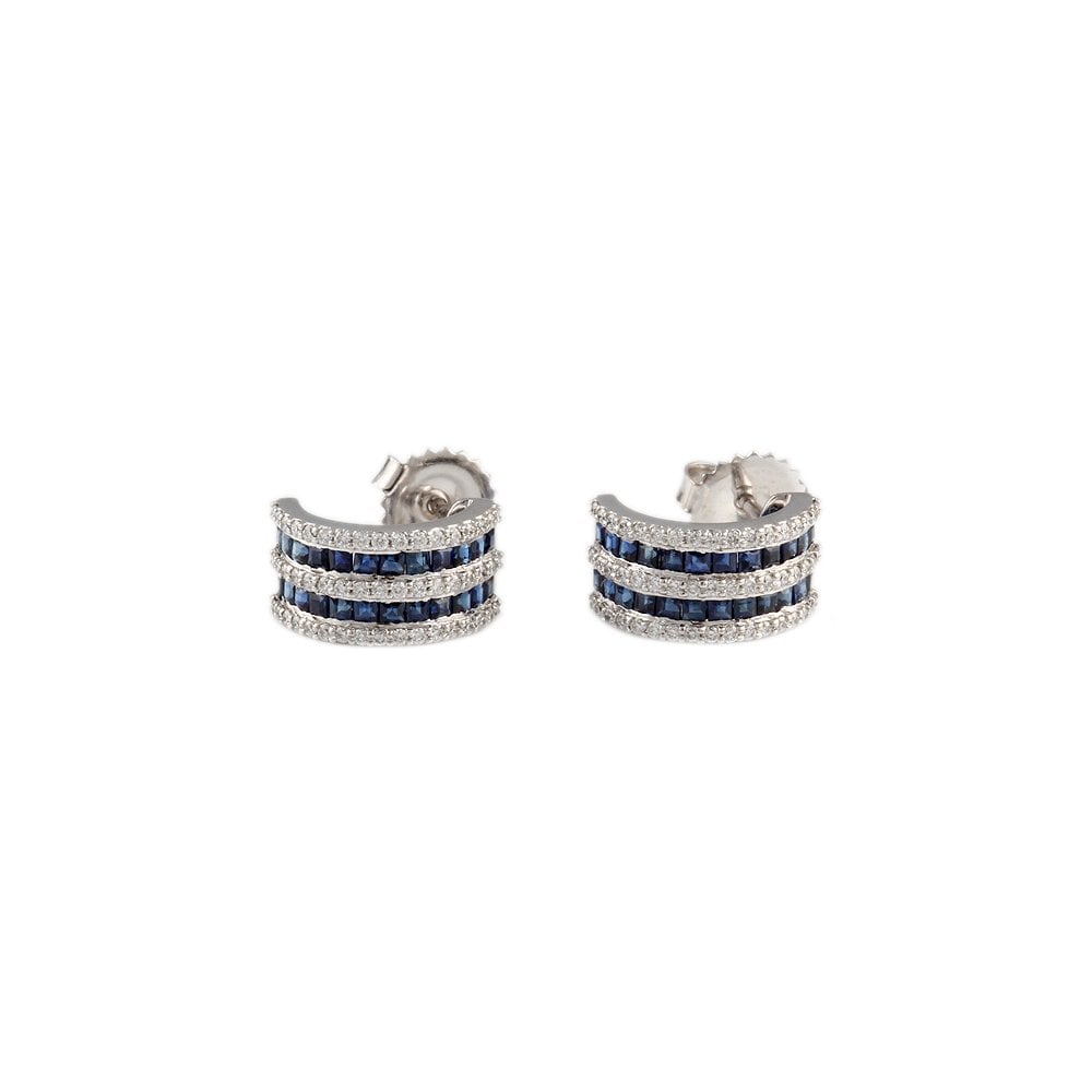 White Gold 0.35ct Round Brilliant Cut Diamond and 1.16ct Square Blue Sapphire Half Hoop Earrings