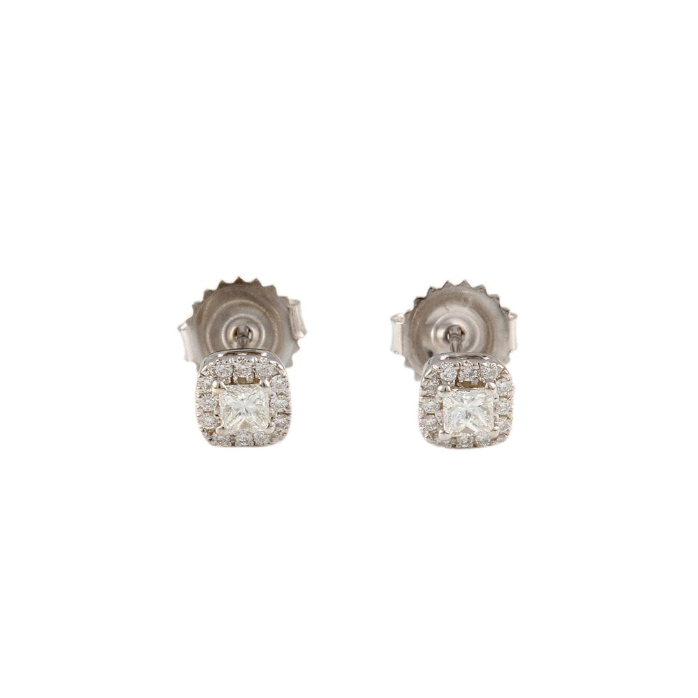 White Gold 0.26ct Princess Cut Diamond and 0.10ct Round Brilliant Cut Diamond Cluster Earrings