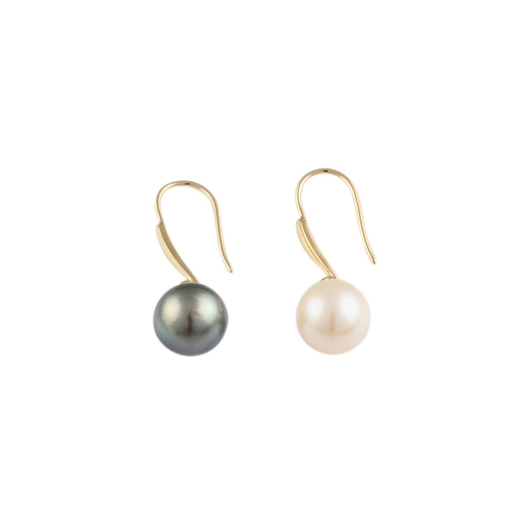 Yellow Gold 10mm Black and White Pearl Drop Earrings