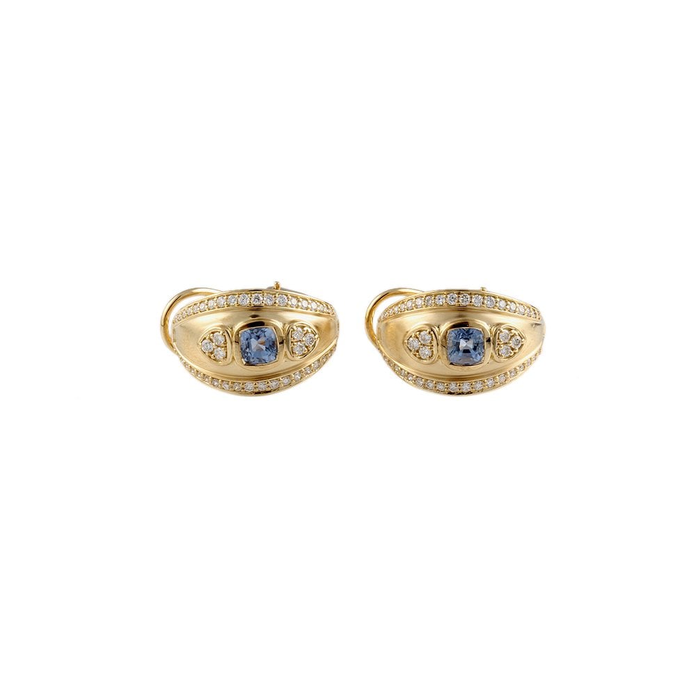 Yellow Gold 0.91ct Round Brilliant Cut Diamond and 1.97ct Round Blue Sapphire Hoop Earrings