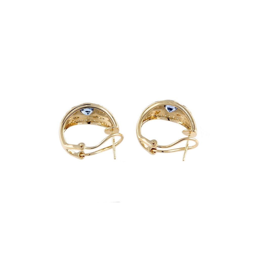 Yellow Gold 0.91ct Round Brilliant Cut Diamond and 1.97ct Round Blue Sapphire Hoop Earrings