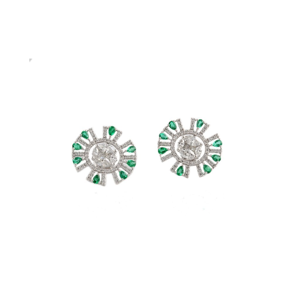 White Gold 1.59ct Diamond and 0.91ct Pear Emerald Cluster Earrings