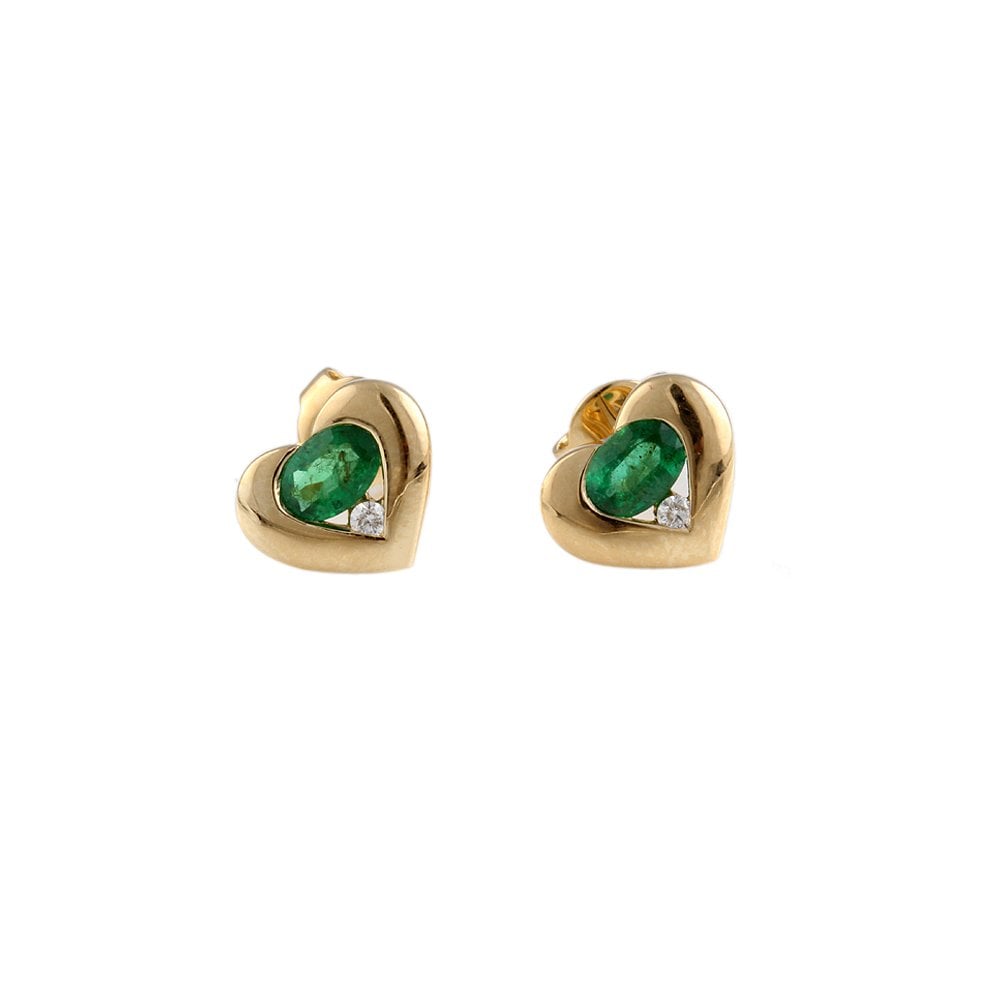 Yellow gold 0.06ct Round Brilliant Cut Diamond and 0.84ct Oval emerald Stud Earrings