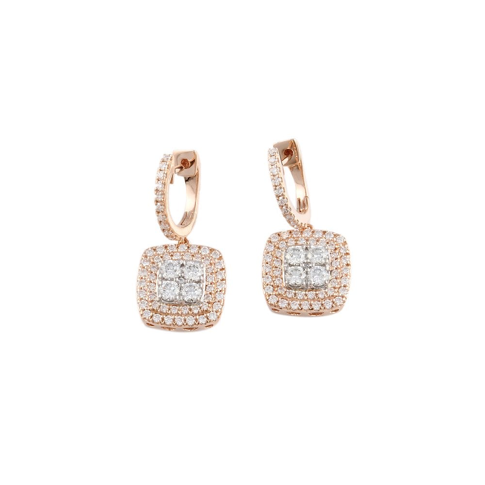 White and Rose Gold 1.53ct Round Brilliant Cut Diamond Cluster Style Drop Earrings