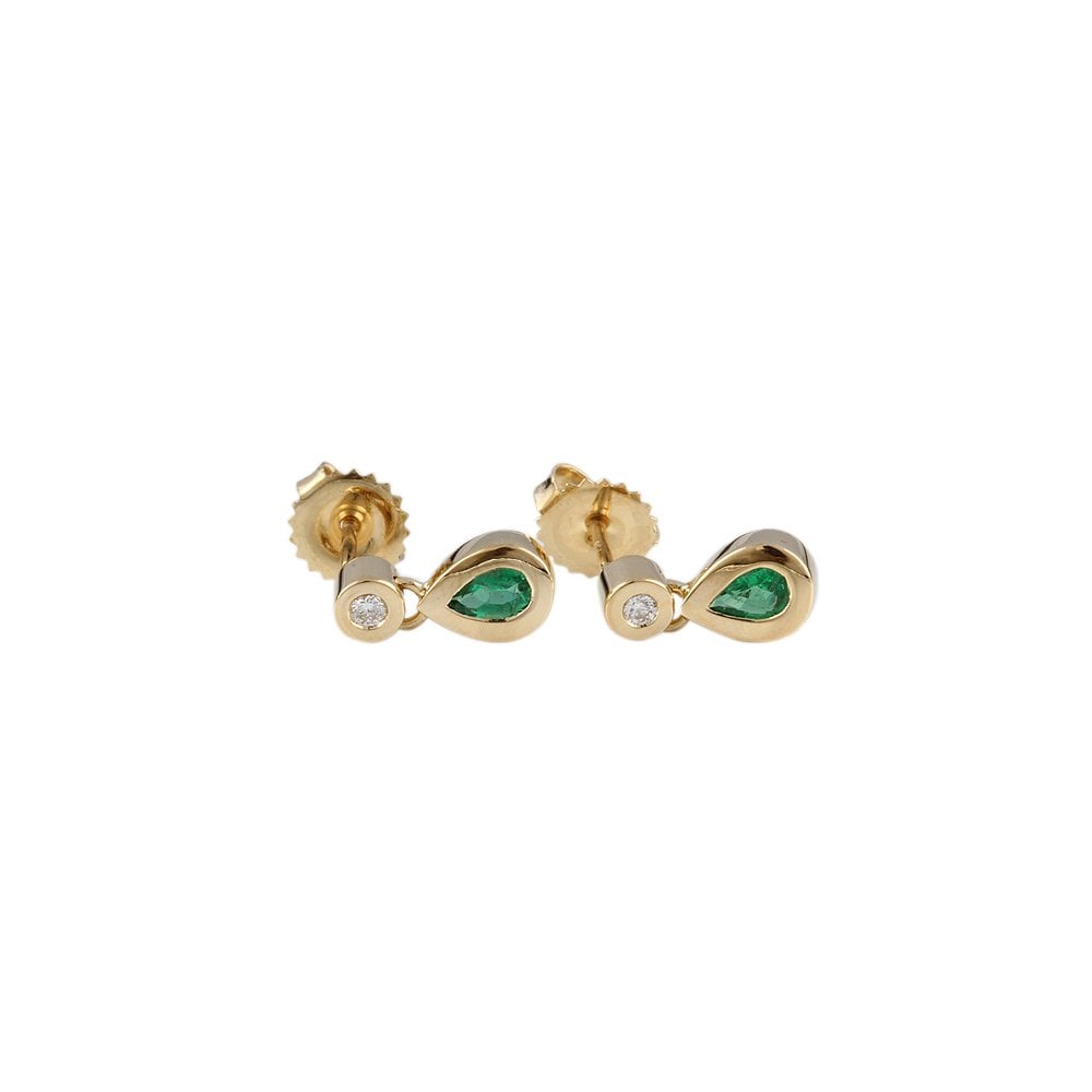 Yellow gold 0.06ct Round Brilliant Cut Diamond and 0.33ct Pear Emerald Stud Earrings
