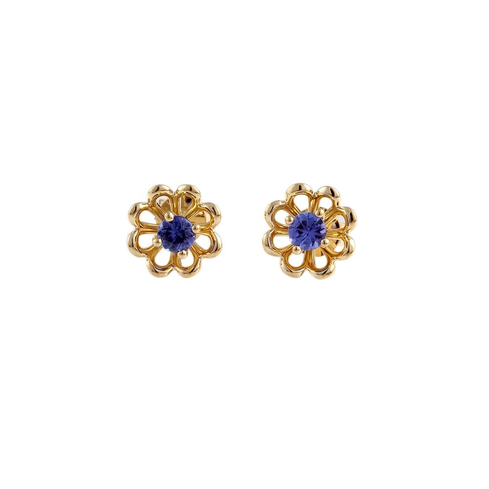 Yellow gold 0.61ct Round Brilliant Cut Tanzanite Flower Shaped Stud Earrings