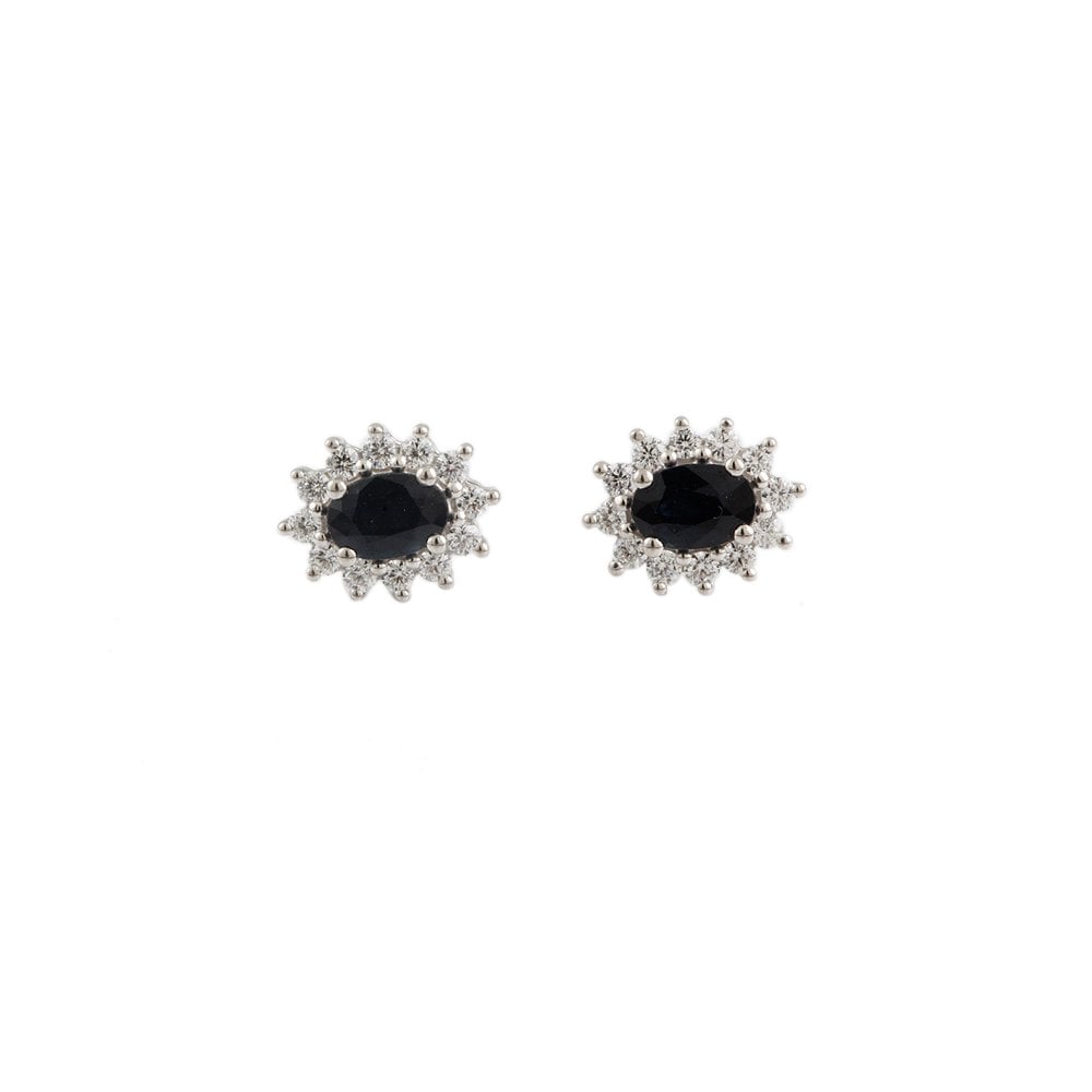 White Gold 0.48ct Round Brilliant Cut Diamond and 1.30ct Oval Blue Sapphire Cluster Earrings