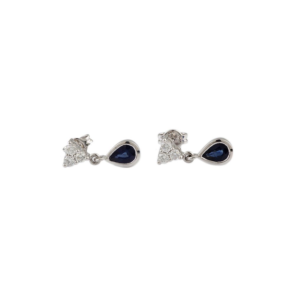 White Gold 0.41ct Round Brilliant Cut Diamond and 1.35ct Pear Blue Sapphire Two Stone Drop Earrings