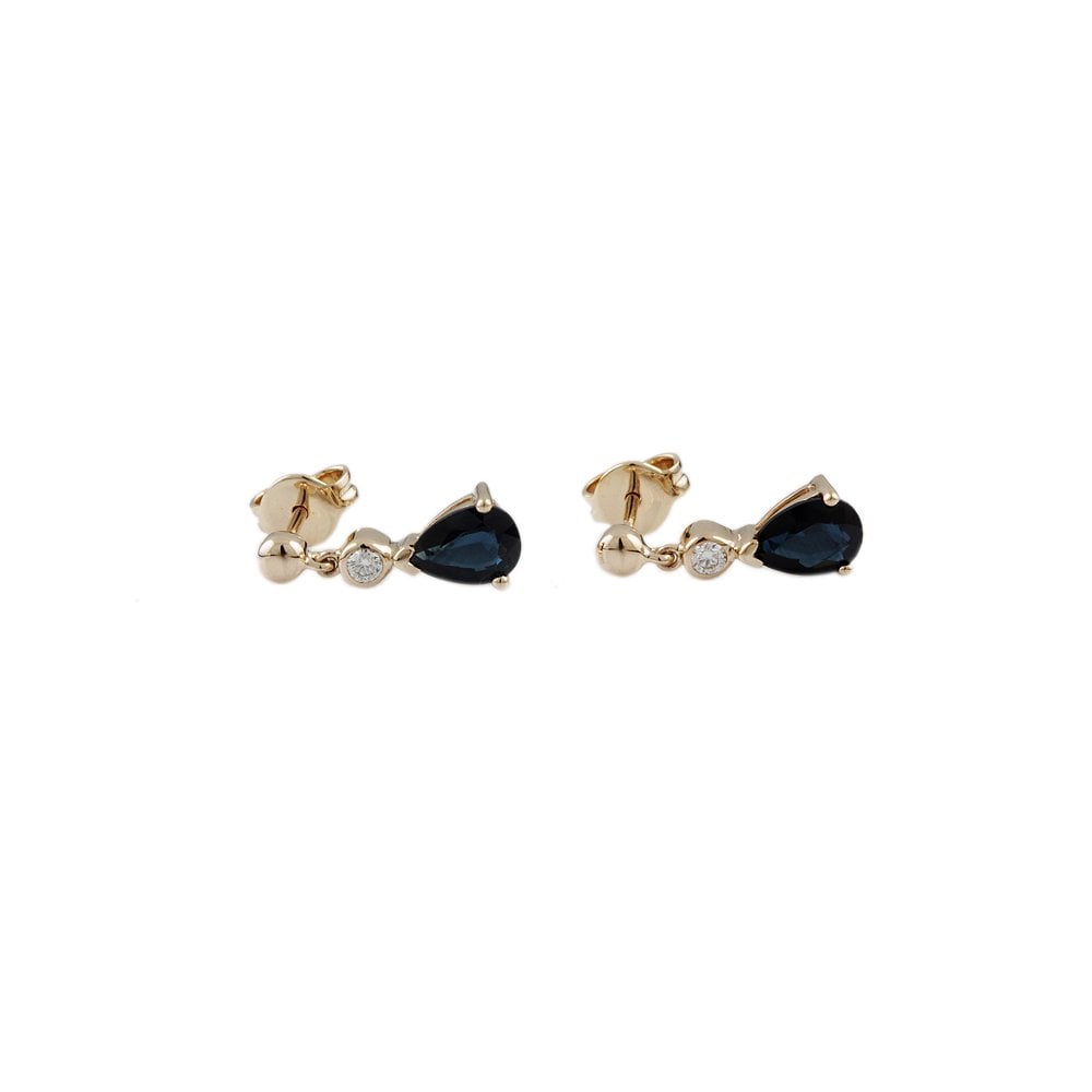 Yellow Gold 0.09ct Round Brilliant Cut Diamond and 1.83ct Pear Blue Sapphire Two Stone Drop Earrings