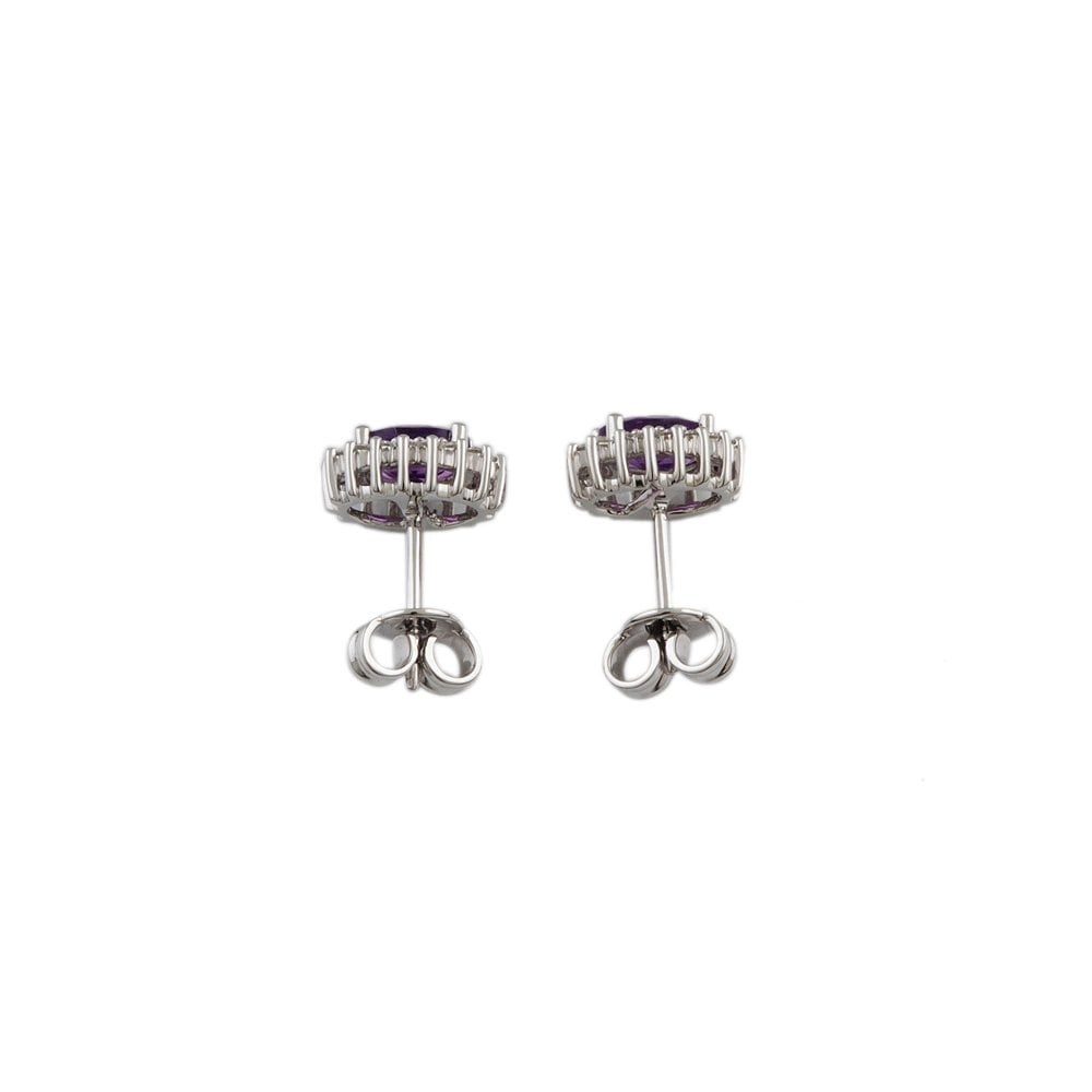 White Gold 0.21ct Round Brilliant Cut Diamond and 0.84ct Oval Amethyst Cluster Earrings