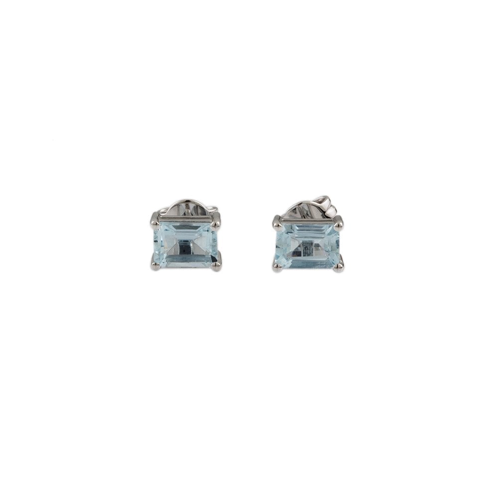White Gold 1.83ct Emerald Shaped Aquamarine Single Stone Stud Earrings