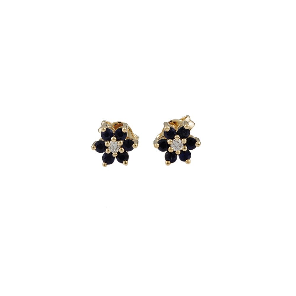 Yellow Gold 0.09ct Round Brilliant Cut Diamond and 0.69ct Round Blue Sapphire Cluster Earrings