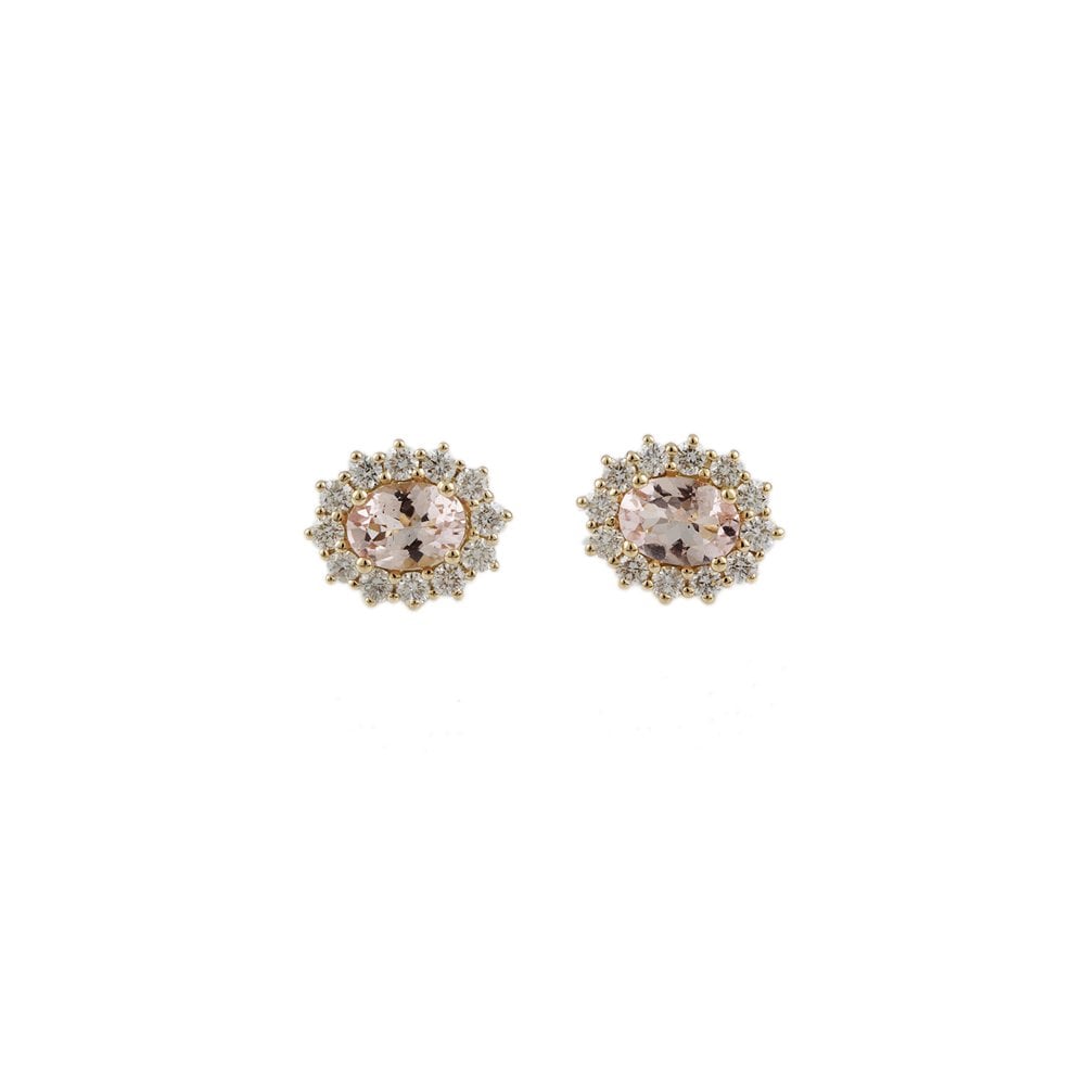 Yellow Gold 0.77ct Round Brilliant Cut Diamond and 1.29ct Oval Morganite Cluster Earrings