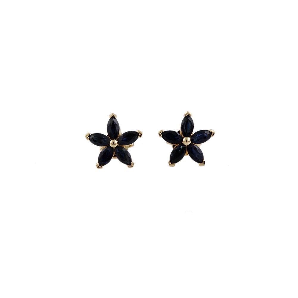 Yellow Gold 1.82ct Marquise Shaped Blue Sapphire Flower Cluster Earrings