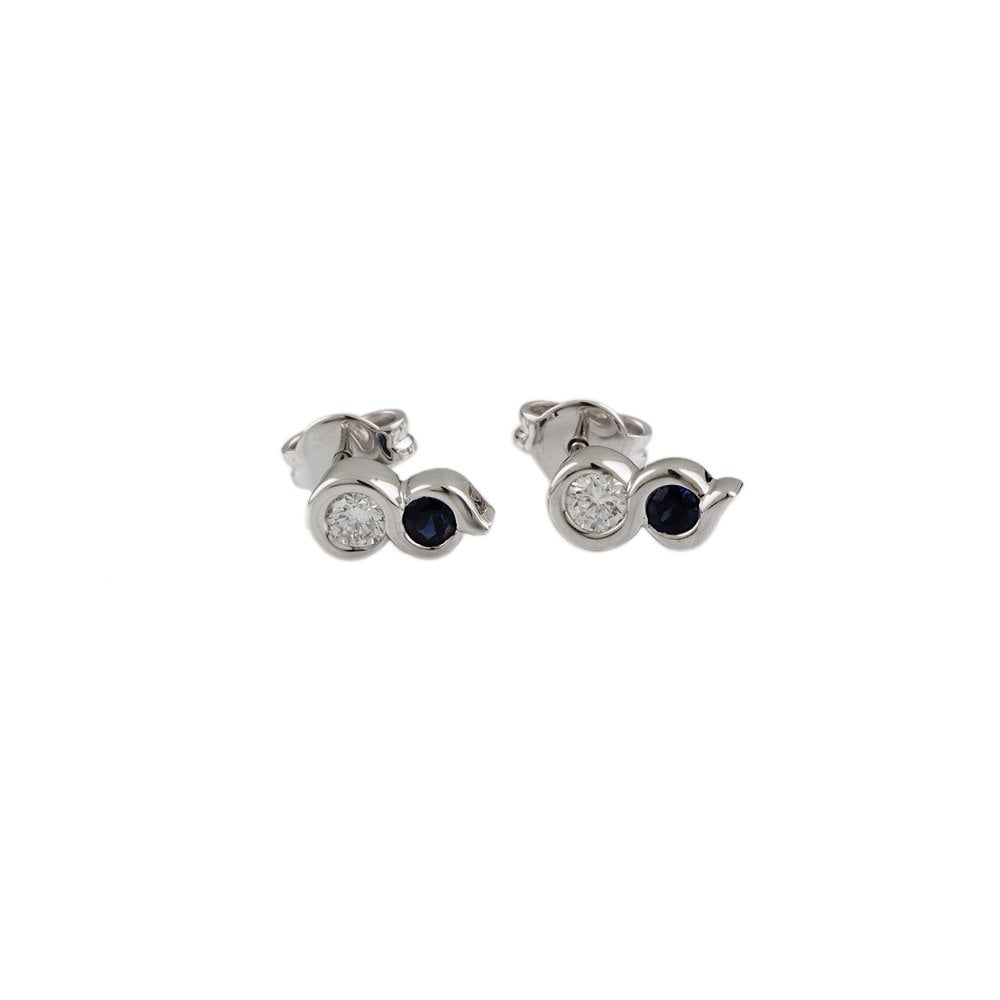 White Gold 0.25ct Round Brillaint Cut Diamond and 0.21ct Round Blue Sapphire Two Stone Stud Earrings