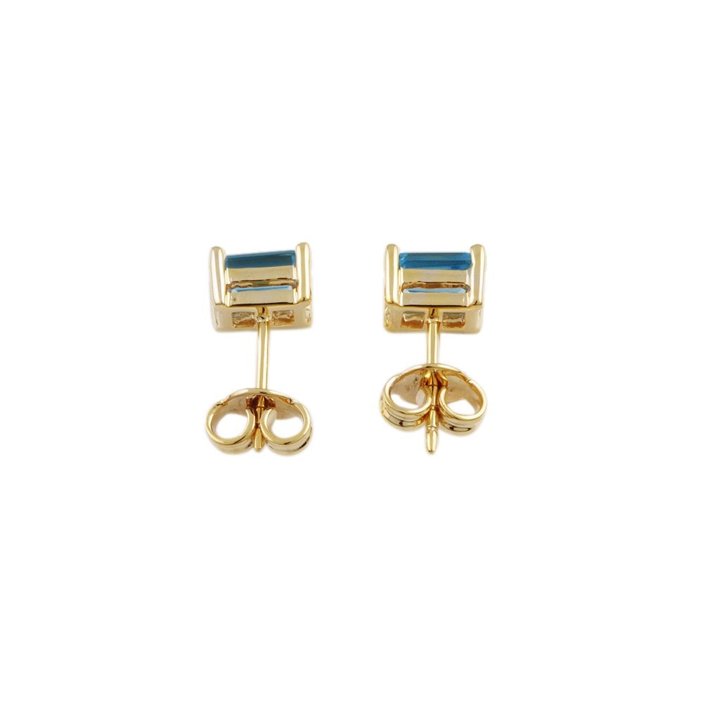 Yellow Gold 1.46ct Emerald Shaped Blue Topaz Single Stone Stud Earrings