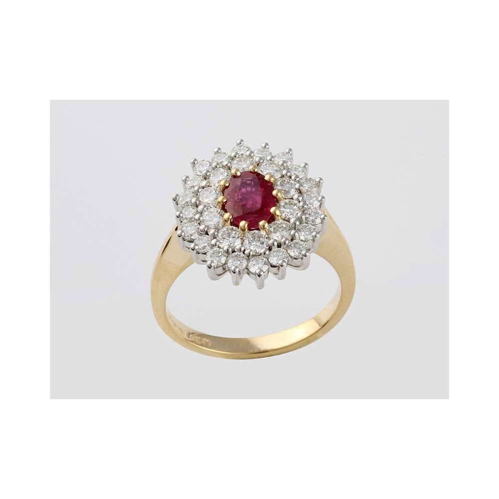 Bespoke 18ct Yellow Gold Ruby 0.93ct And Diamond 1.33ct Double Cluster Ring With A Platinum Setting