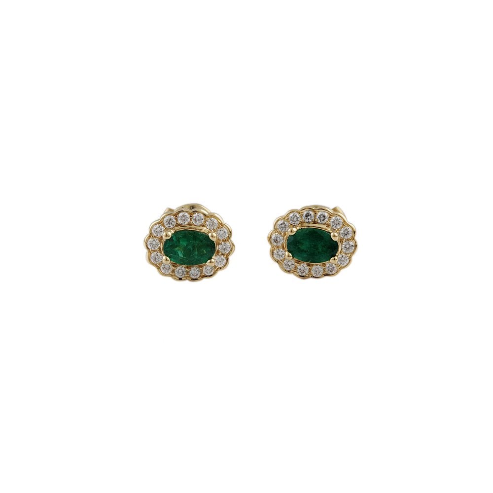 Yellow Gold 0.33ct Round Brilliant Cut Diamond and 0.80ct Oval Emerald Cluster Earrings