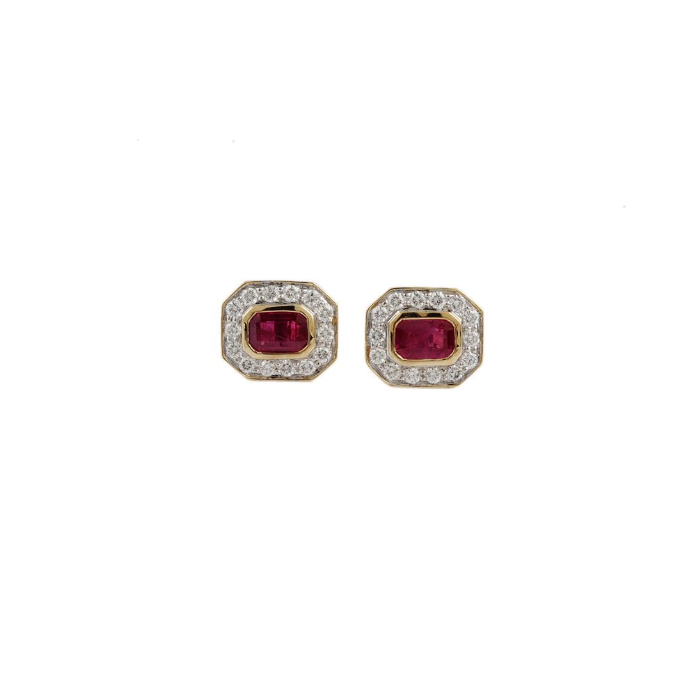 Yellow White Gold 0.51ct Round Brilliant Cut Diamond and 1.28ct Emerald Shaped Ruby Cluster Earrings
