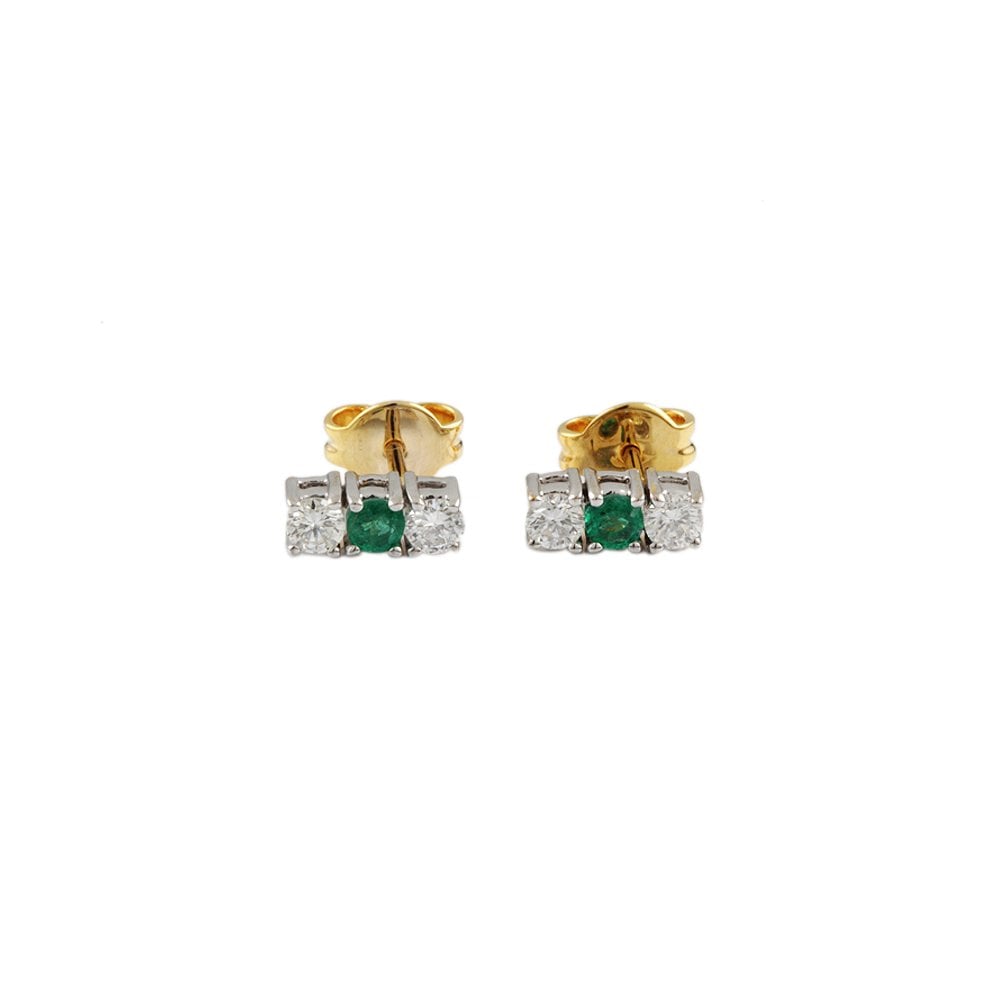 Yellow White Gold 0.37ct Round Brilliant Cut Diamond and 0.20ct Round Emerald Three Stone Earrings