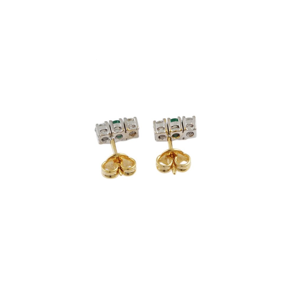 Yellow White Gold 0.37ct Round Brilliant Cut Diamond and 0.20ct Round Emerald Three Stone Earrings