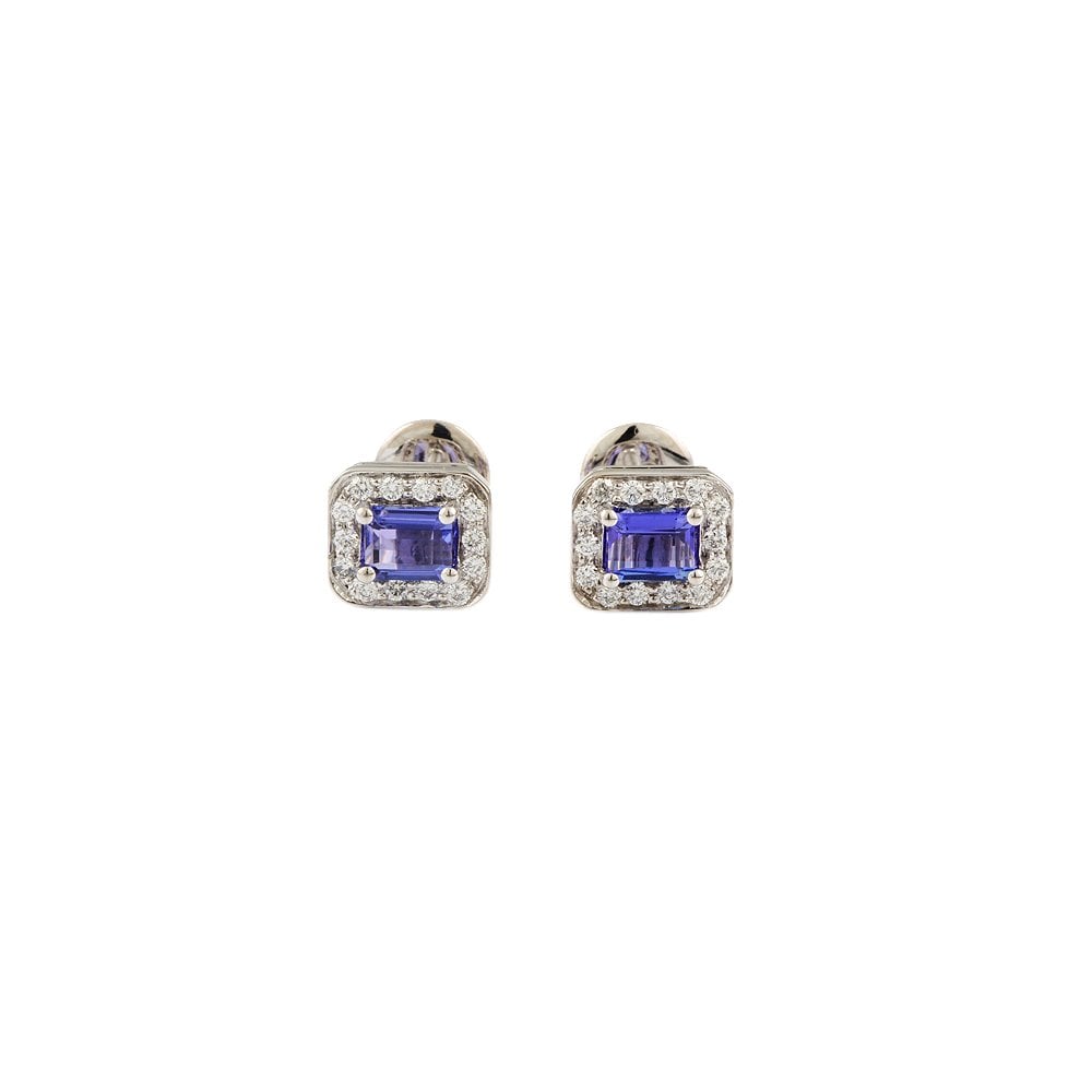 White Gold 0.26ct Round Brilliant Cut Diamond and 1.04ct Emerald Shaped Tanzanite Cluster Earrings