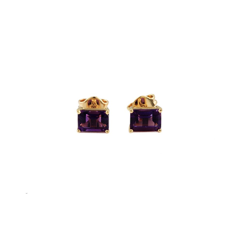 Yellow Gold 2.00ct Emerald Shaped Amethyst Single Stone Stud Earrings