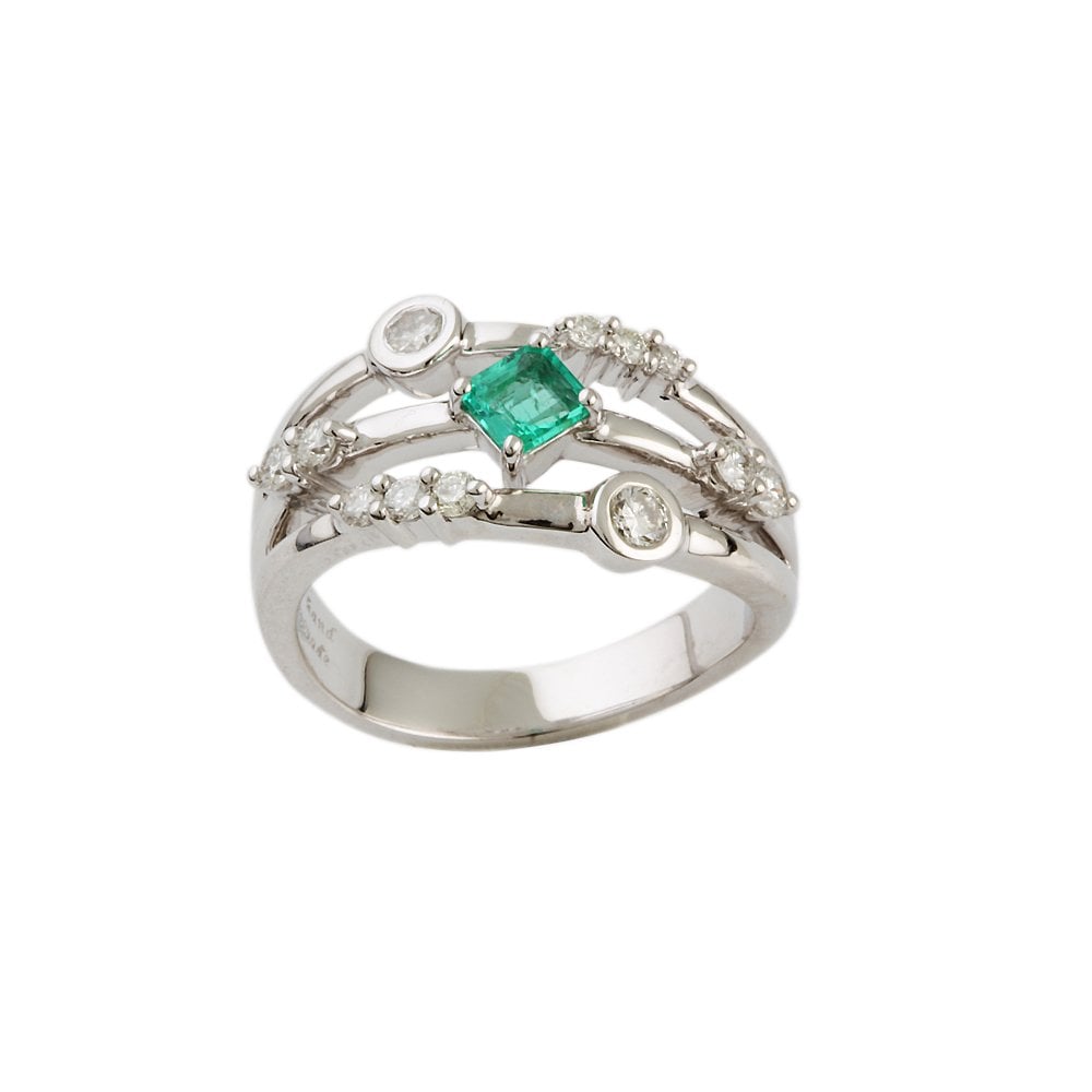 White Gold 0.30ct Square Emerald and 0.47ct Round Brilliant Cut Diamond Bubble Ring