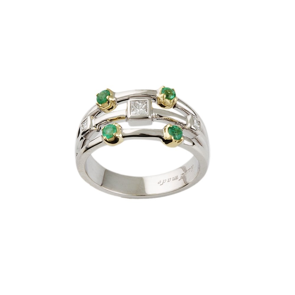 Yellow and White Gold Seven Stone 0.24ct Princess Cut Diamond and 0.24ct Round Emerald Bubble Ring