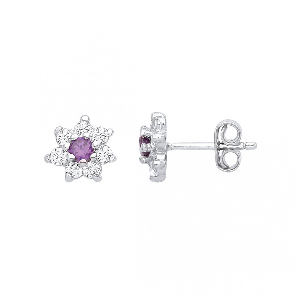 925 Sterling Silver Outer Colourless Cubic Zirconia & Amethyst Cubic Zirconia Centre Cluster Studs