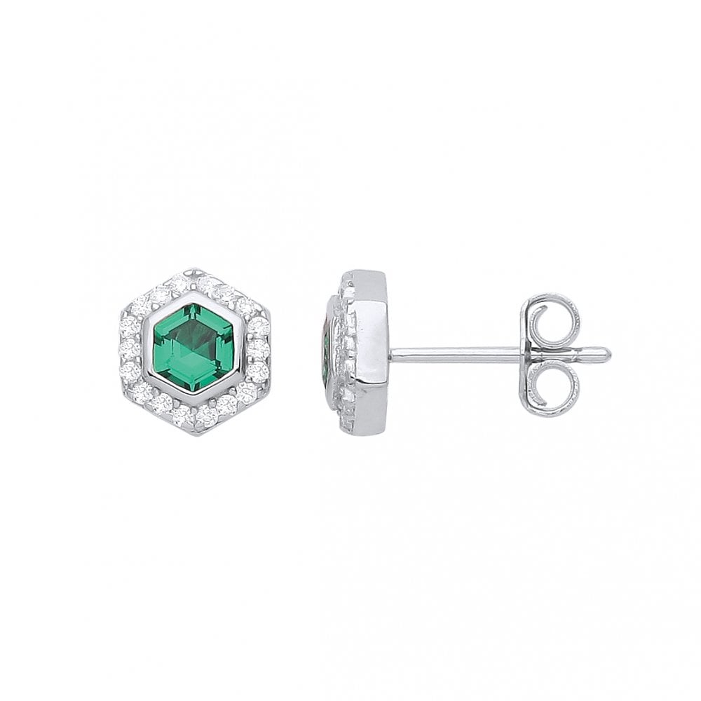 925 Sterling Silver Emerald & CZ Fancy Stud Earrings