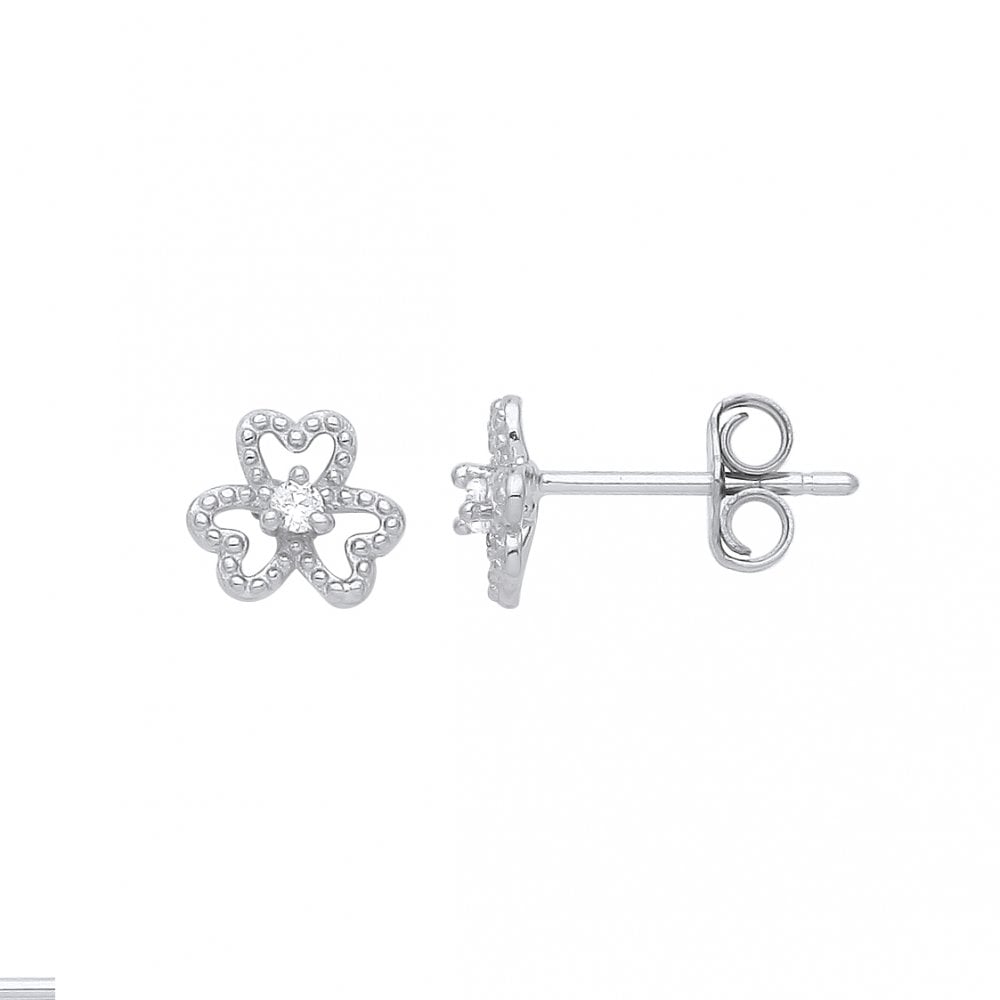 925 Sterling Silver CZ 3 Leaf Clover Stud Earrings